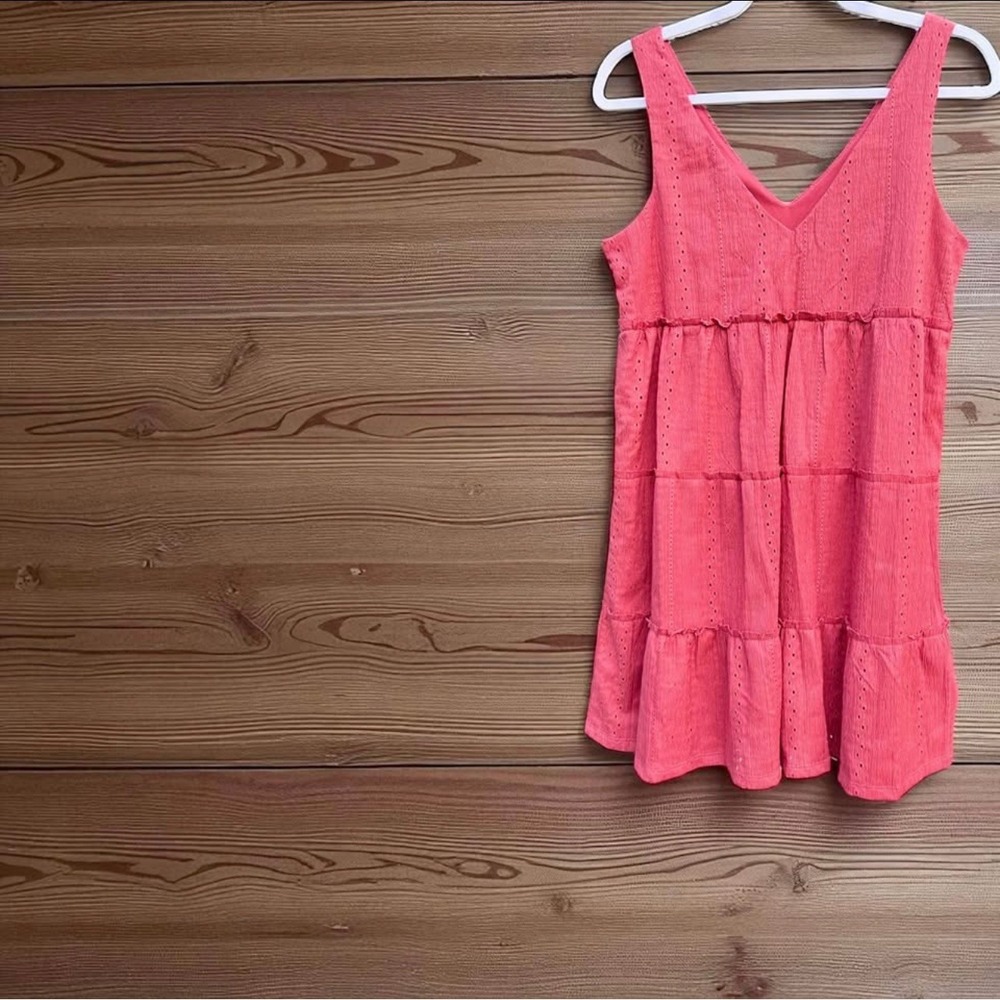 Crystal Doll Pink Tiered Babydoll Eyelet Mini Dress V-Neck Sleeveless Medium